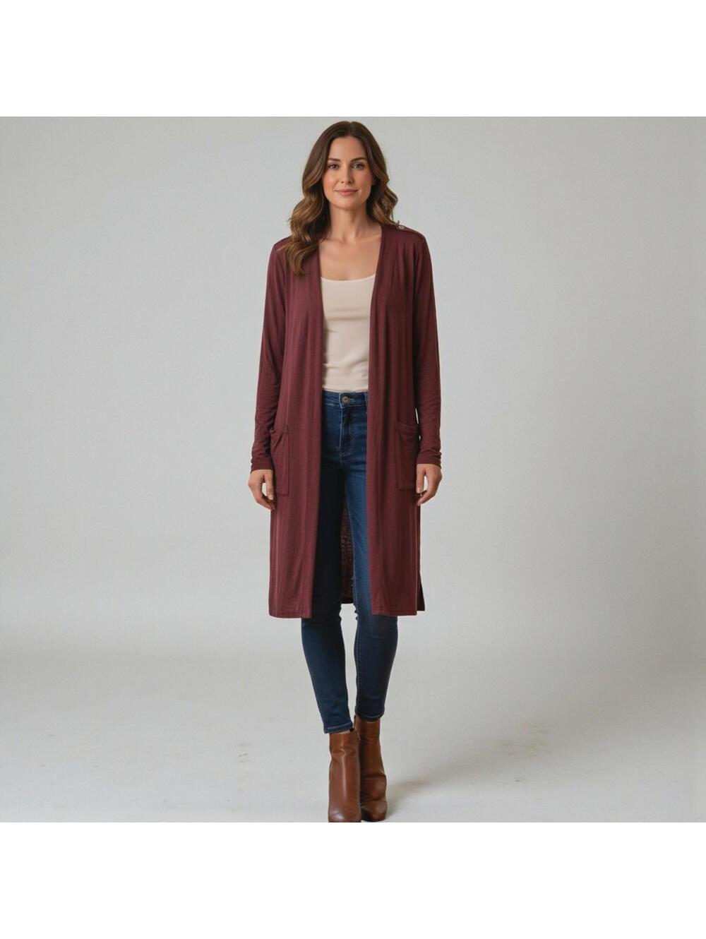 POL Burgundy Red Chunky Open Knit Duster Cardigan Sweater Womens L Pockets Boho